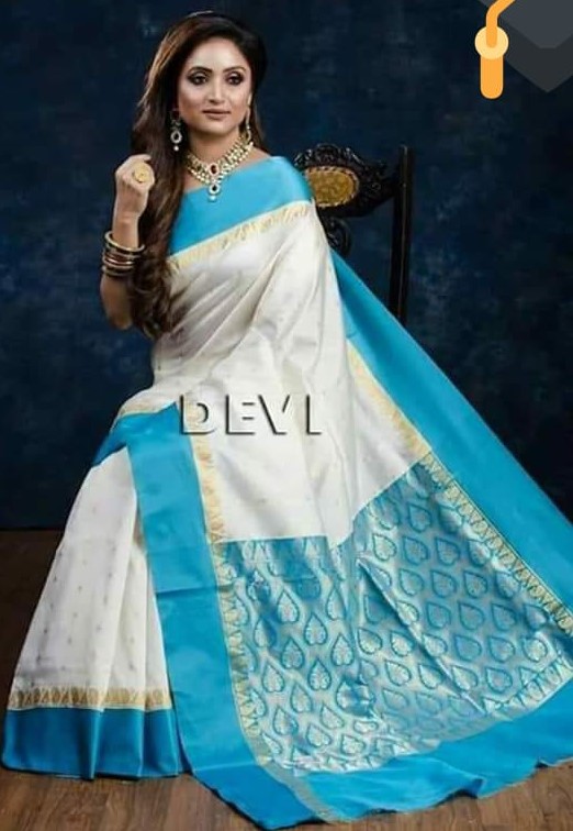 Off white saree shop with blue border